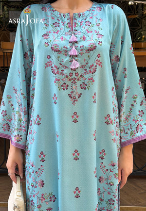 Asra Jofa ASPS-01 ice blue floral printed charmeuse silk shirt – neckline close-up with lilac tassels and botanical motifs
