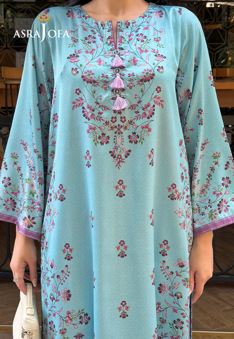 Asra Jofa ASPS-01 ice blue floral printed charmeuse silk shirt – neckline close-up with lilac tassels and botanical motifs