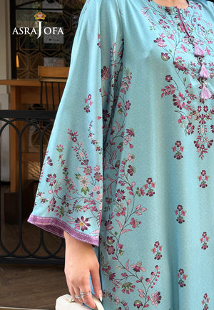 Asra Jofa ASPS-01 ice blue printed charmeuse silk shirt – sleeve close-up showing pink florals and lilac patterned cuff