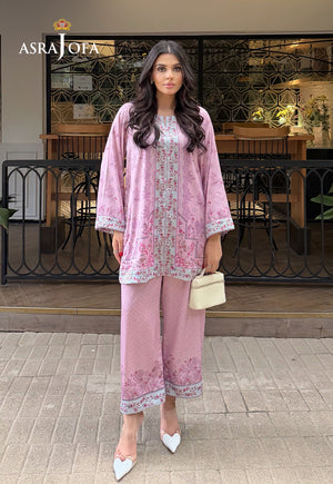 Asra Jofa ASPS-02 lilac floral printed charmeuse silk 2-piece co-ord set – full-length front view with matching printed trouser