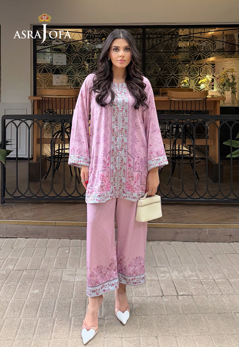 Asra Jofa ASPS-02 lilac floral printed charmeuse silk 2-piece co-ord set – full-length front view with matching printed trouser