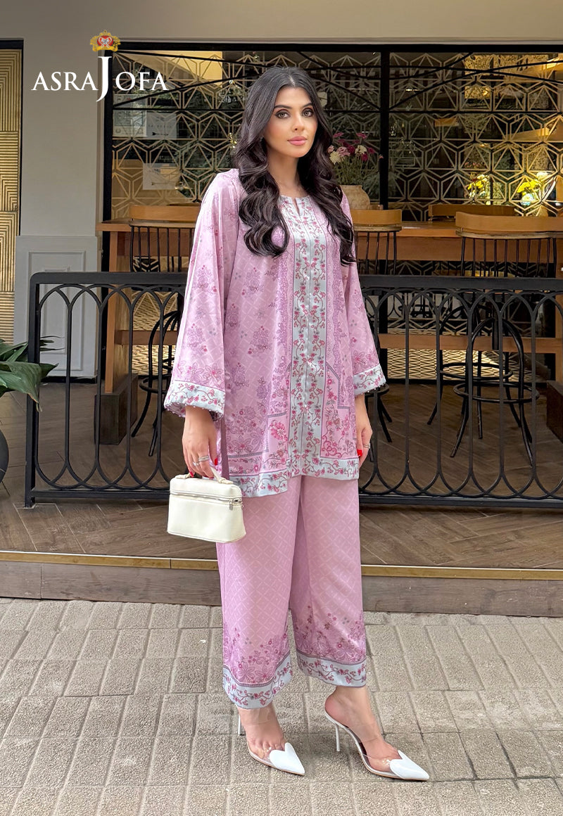 Asra Jofa ASPS-02 lilac stitched charmeuse silk co-ord set – angled full-length view showing floral shirt and printed trouser