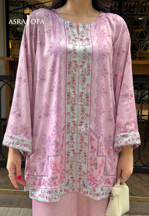 Asra Jofa ASPS-02 lilac printed charmeuse silk shirt – upper-body view showing floral front panel and wide bordered sleeves