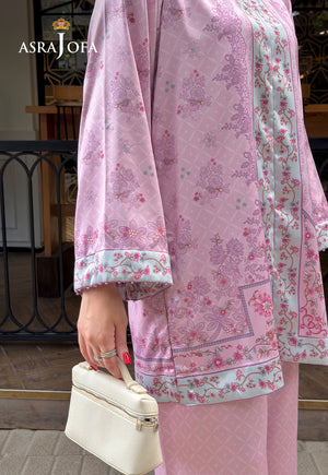 Asra Jofa ASPS-02 lilac printed charmeuse silk shirt – angled sleeve close-up showing pale blue floral cuff and hem borders
