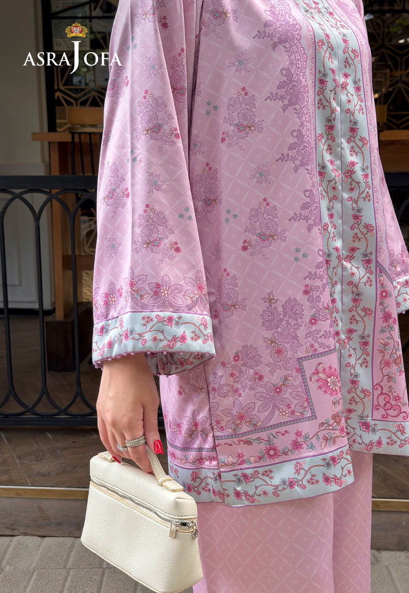 Asra Jofa ASPS-02 lilac printed charmeuse silk shirt – angled sleeve close-up showing pale blue floral cuff and hem borders