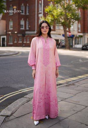 Rania Jofa Peach Sorbet RJPS-03 coral pink charmeuse silk printed long shirt with embroidered placket – full length front facing London street view