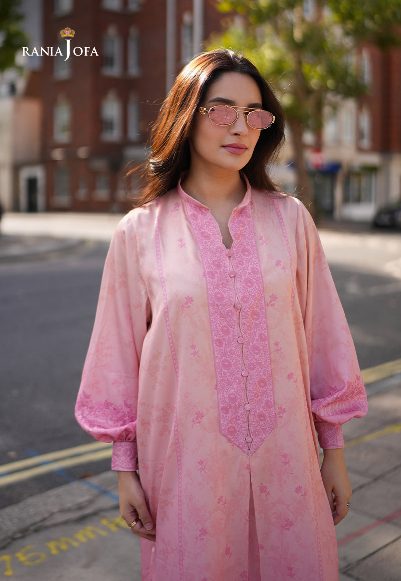 Rania Jofa Peach Sorbet RJPS-03 coral pink charmeuse silk embroidered placket shirt – upper body close-up front facing London street view