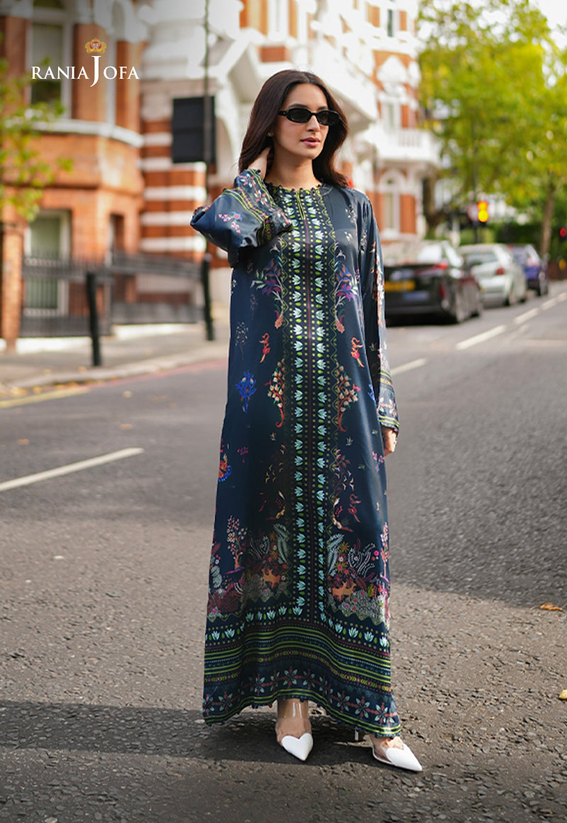 Rania Jofa Reef RJPS-04 navy blue charmeuse silk nature-inspired printed maxi dress – full length front facing London road view with sunglasses