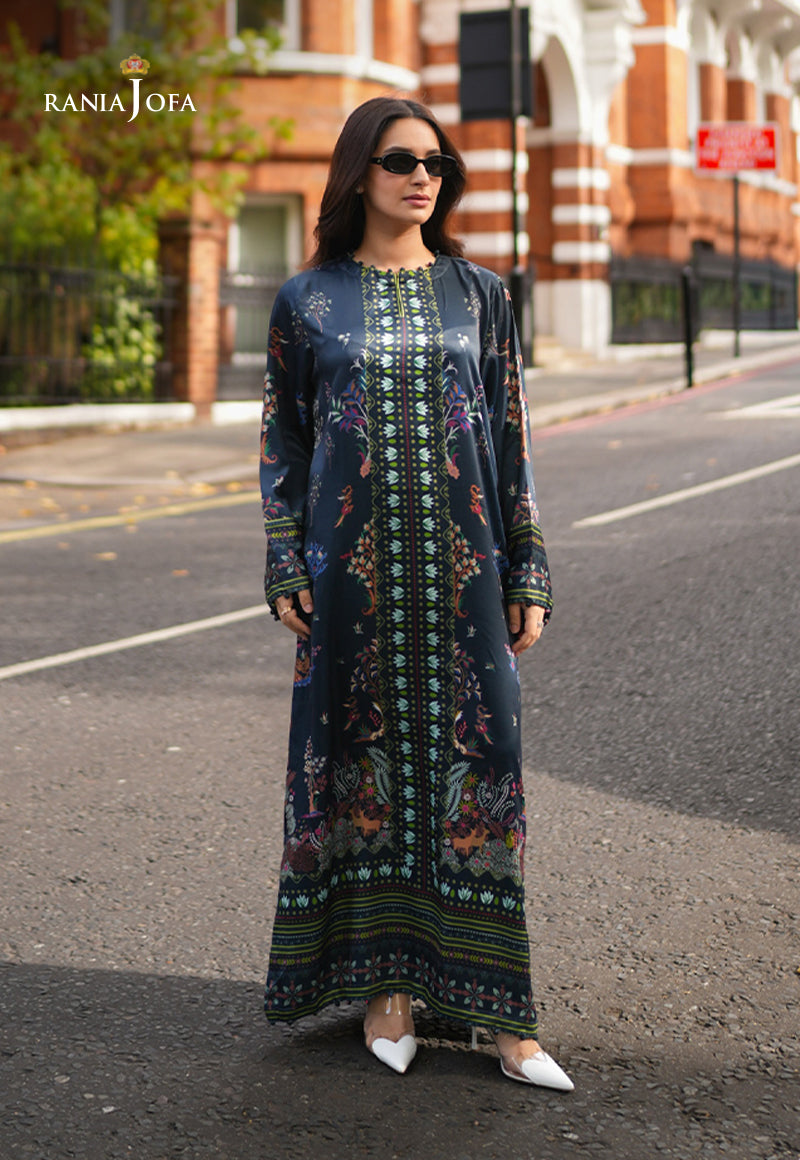 Rania Jofa Reef RJPS-04 navy blue charmeuse silk multicolour nature-print maxi dress – full length front facing London road view with white heels