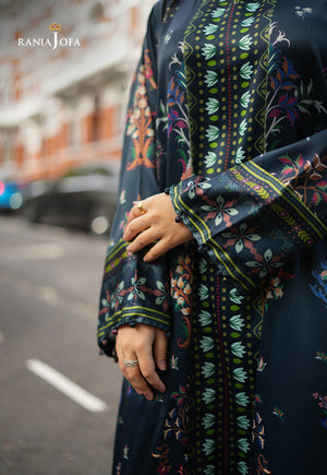 Rania Jofa Reef RJPS-04 navy blue charmeuse silk maxi dress – close-up of multicolour nature-inspired print placket and embroidered cuff detail