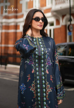 Rania Jofa Reef RJPS-04 navy blue charmeuse silk floral printed long shirt – upper body front facing London street view with sunglasses