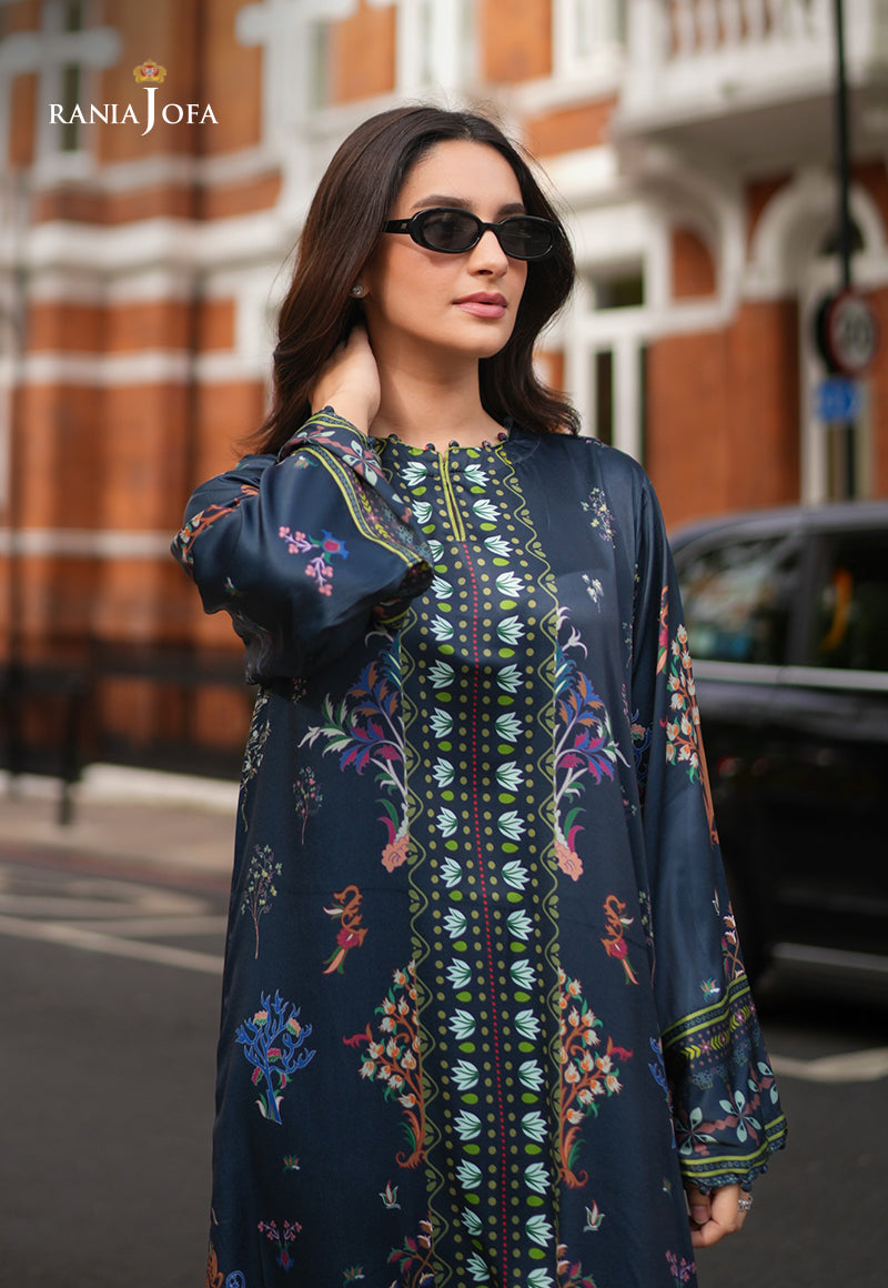 Rania Jofa Reef RJPS-04 navy blue charmeuse silk floral printed long shirt – upper body front facing London street view with sunglasses