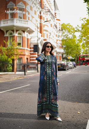 Rania Jofa Reef RJPS-04 navy blue charmeuse silk nature-inspired printed maxi dress – full length three-quarter facing London street view