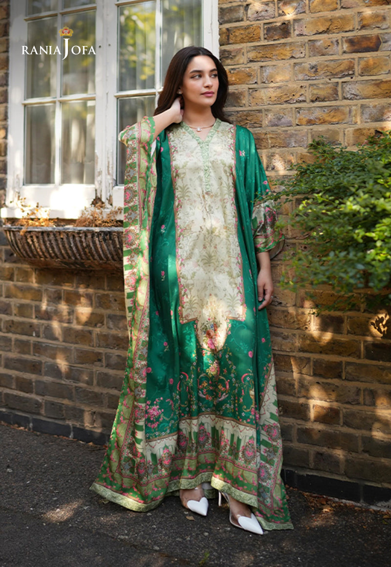 Rania Jofa Emerald RJPS-06 cream charmeuse silk vintage floral printed shirt with emerald green dupatta – full length front facing London brick wall view