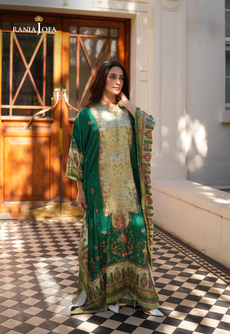 Rania Jofa Emerald RJPS-06 cream charmeuse silk vintage scenic printed shirt with emerald green dupatta – full length front facing London doorstep on checkered floor
