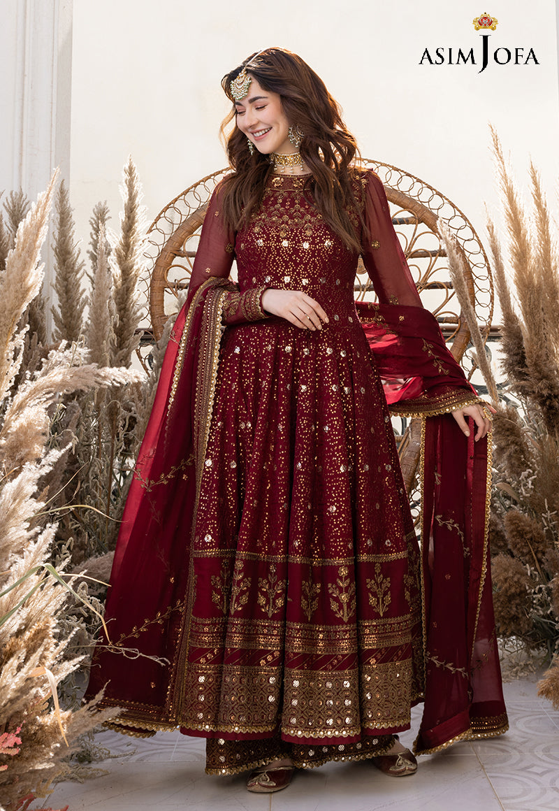 asim jofa red dress Embroidered Chiffon Red Stitched Suit