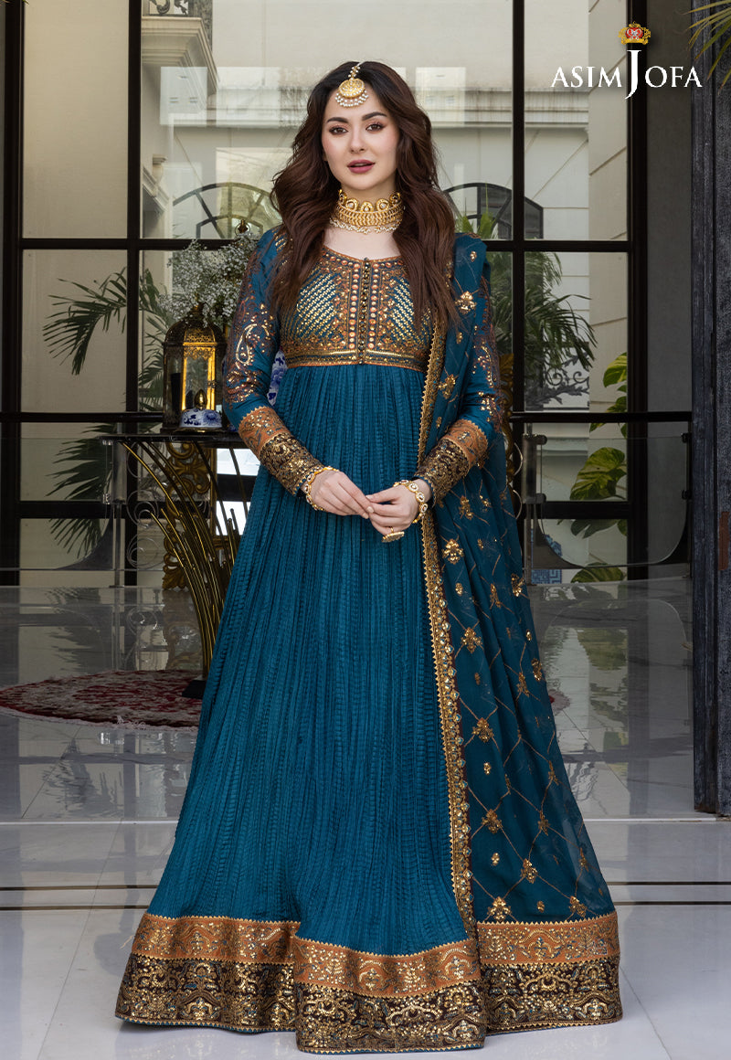 Wedding Wear Peacock Blue Embroidered Dress Material